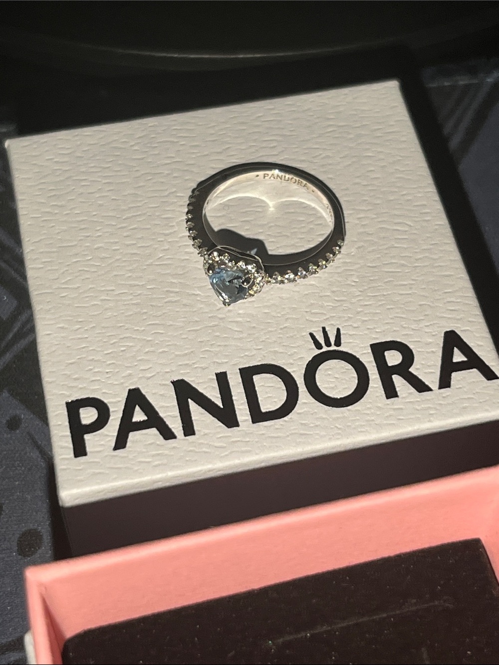 Pandora Silver Ring with Light Blue Heart Stone and Pavé Band Size 6